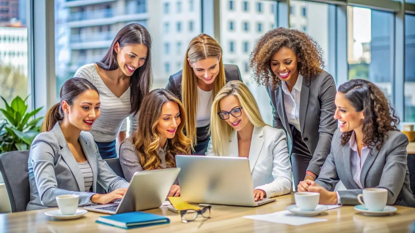 Diverse businesswomen working together on laptops during a meeting.